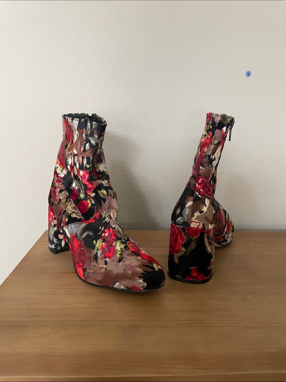 Steve Madden Floral Velvet Ankle Boots in Black, Red and Brown